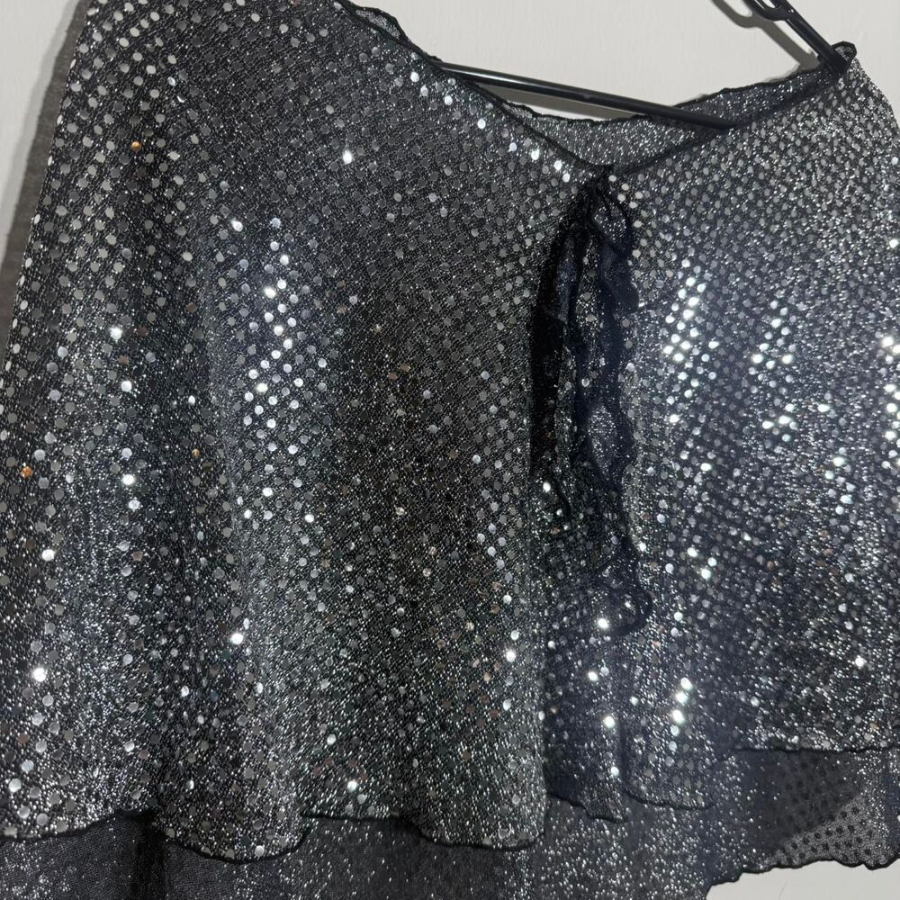 Y2K Black Silver Sequin Cape with tie detail Versatile Party Festival Accessory - Picture 3 of 8